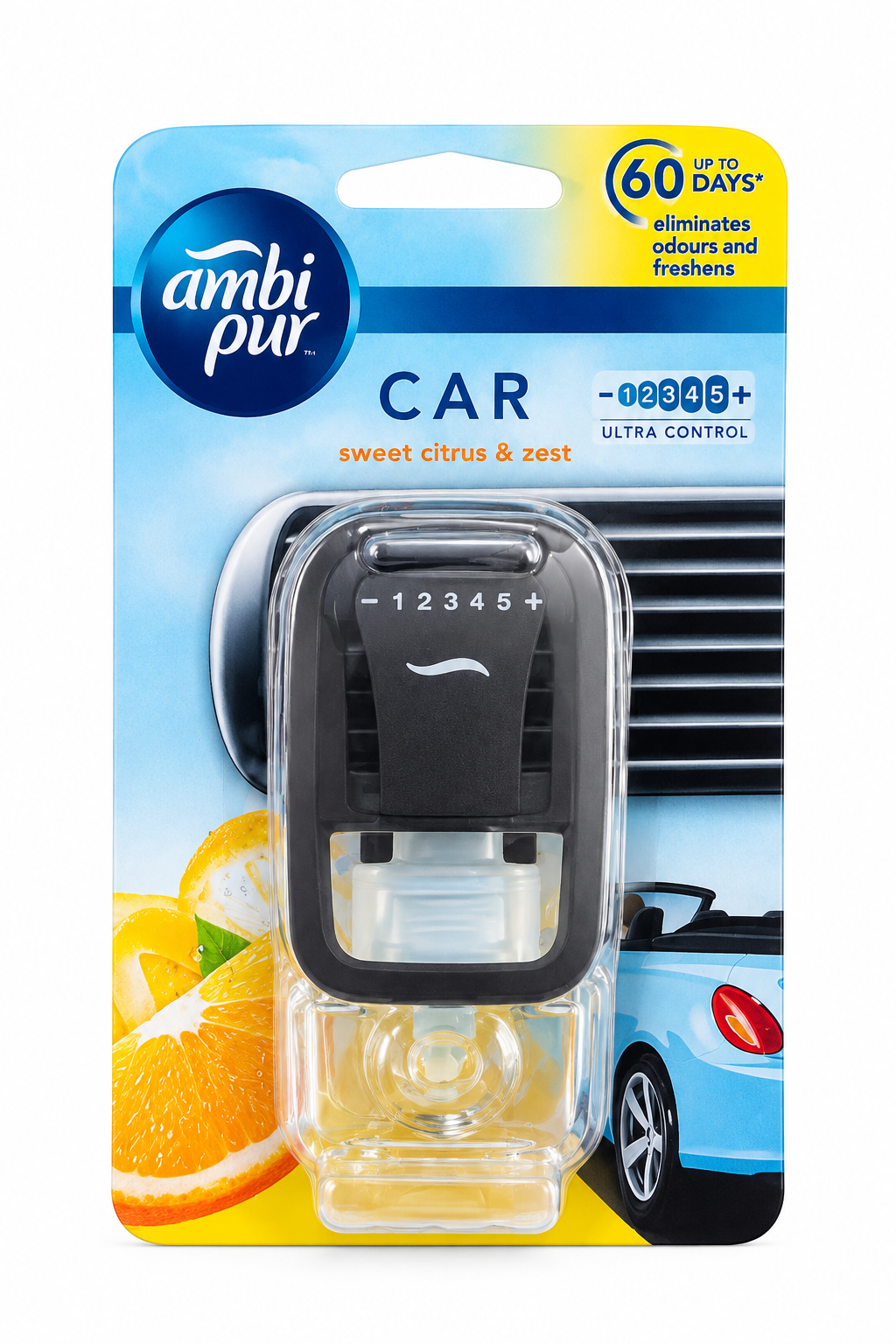 Ambi Pur Car Air Freshener – Sweet Citrus & Zest 🍊 | Ultra Control 1–5 | Long-Lasting Fragrance Up to 60 Days ✨ | Car Vent Freshener